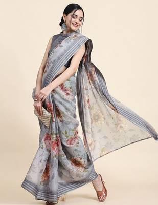 Grey printed art silk traditional saree with blouse piece 2