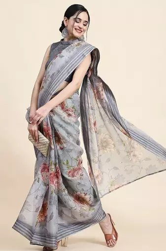 Grey printed art silk traditional saree with blouse piece