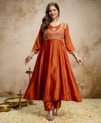 Orange vichitra silk embroidered anarkali kurta pant set with dupatta 2