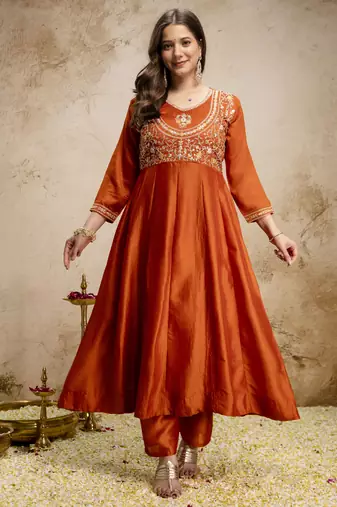 Orange vichitra silk embroidered anarkali kurta pant set with dupatta