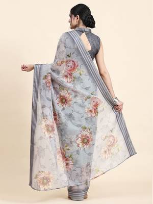 Grey printed art silk traditional saree with blouse piece 3