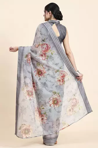 Grey printed art silk traditional saree with blouse piece
