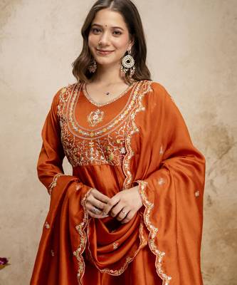 Orange vichitra silk embroidered anarkali kurta pant set with dupatta 3