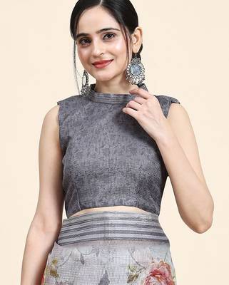 Grey printed art silk traditional saree with blouse piece 5