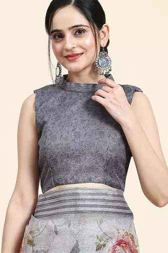 Grey printed art silk traditional saree with blouse piece