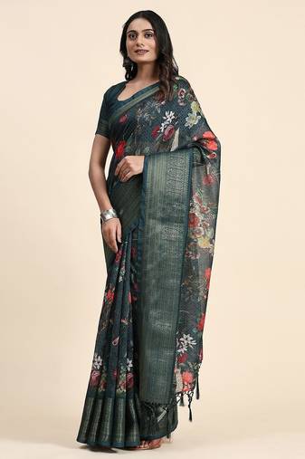Green printed linen casual saree with blouse piece