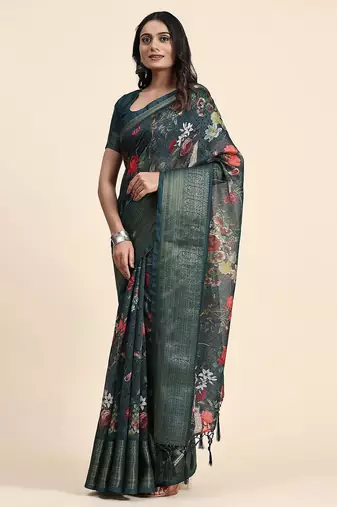 Green printed linen casual saree with blouse piece