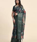 Green printed linen casual saree with blouse piece