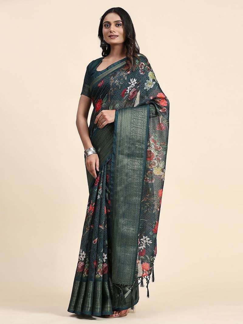 Green printed linen casual saree with blouse piece