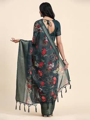 Green printed linen casual saree with blouse piece 2