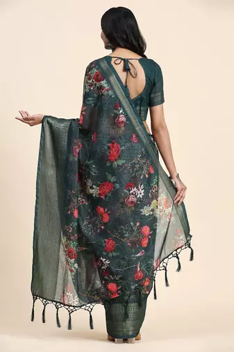 Green printed linen casual saree with blouse piece