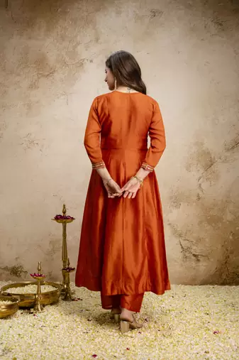 Orange vichitra silk embroidered anarkali kurta pant set with dupatta