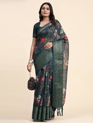 Green printed linen casual saree with blouse piece 3