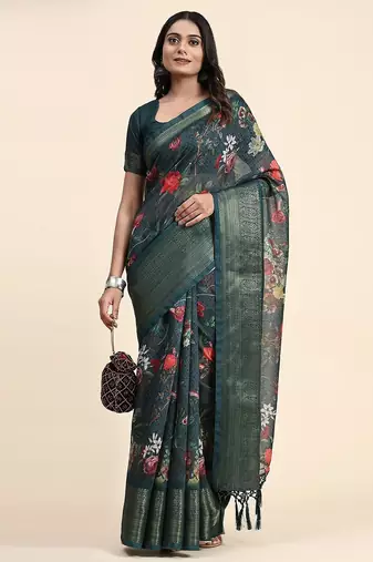 Green printed linen casual saree with blouse piece