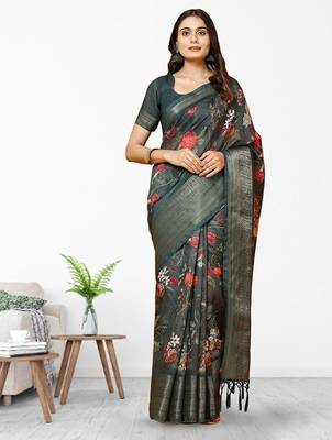 Green printed linen casual saree with blouse piece 4