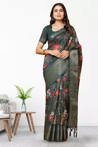 Green printed linen casual saree with blouse piece