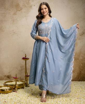 Sky blue vichitra silk embroidered anarkali kurta pant set with dupatta 1