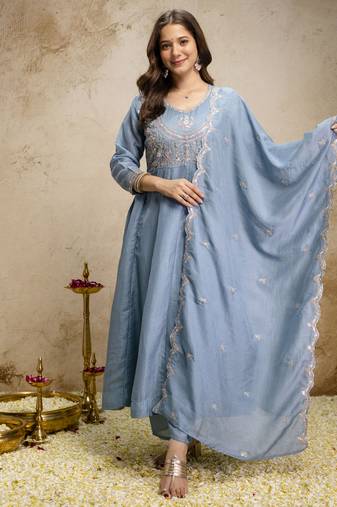 Sky blue vichitra silk embroidered anarkali kurta pant set with dupatta