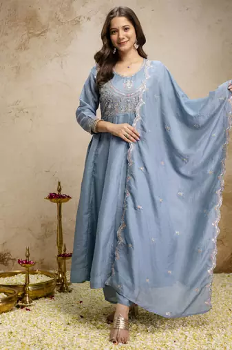 Sky blue vichitra silk embroidered anarkali kurta pant set with dupatta