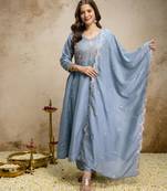 Sky blue vichitra silk embroidered anarkali kurta pant set with dupatta