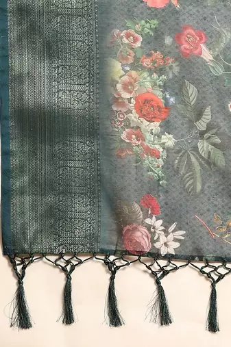 Green printed linen casual saree with blouse piece