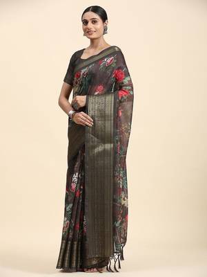 Red printed linen casual saree with blouse piece 1