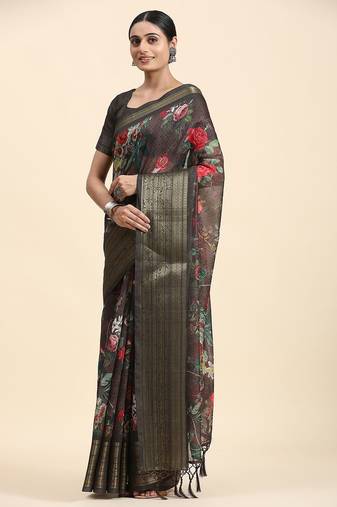 Red printed linen casual saree with blouse piece