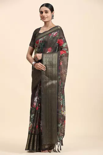 Red printed linen casual saree with blouse piece