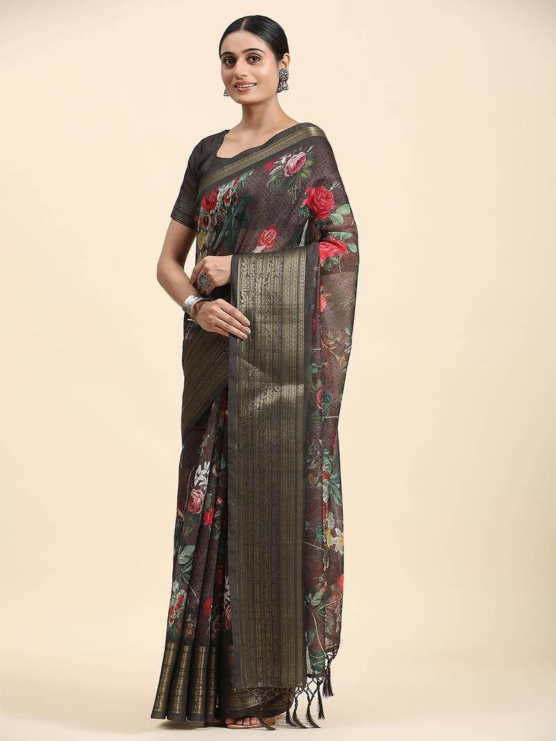 Red printed linen casual saree with blouse piece