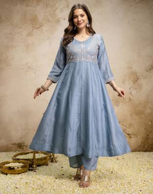 Sky blue vichitra silk embroidered anarkali kurta pant set with dupatta 2