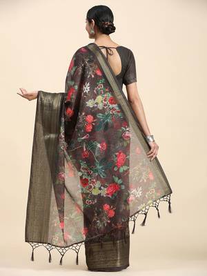Red printed linen casual saree with blouse piece 2