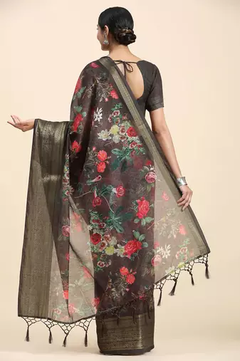 Red printed linen casual saree with blouse piece