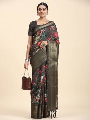 Red printed linen casual saree with blouse piece 3