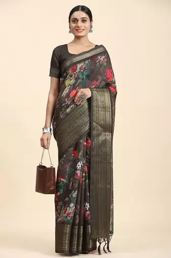 Red printed linen casual saree with blouse piece
