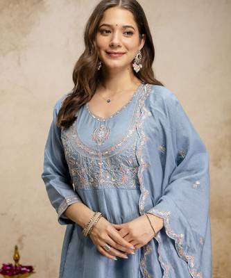 Sky blue vichitra silk embroidered anarkali kurta pant set with dupatta 3