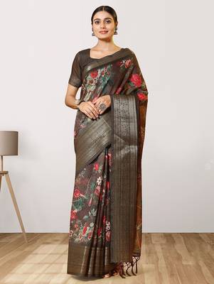 Red printed linen casual saree with blouse piece 4