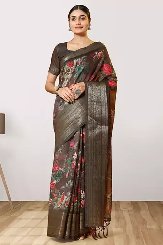 Red printed linen casual saree with blouse piece