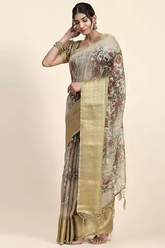 Green printed art silk traditional saree with blouse piece