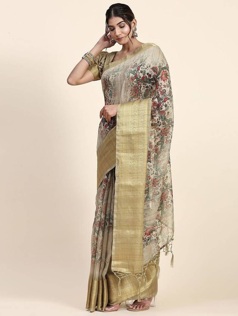 Green printed art silk traditional saree with blouse piece