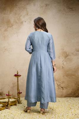 Sky blue vichitra silk embroidered anarkali kurta pant set with dupatta 4