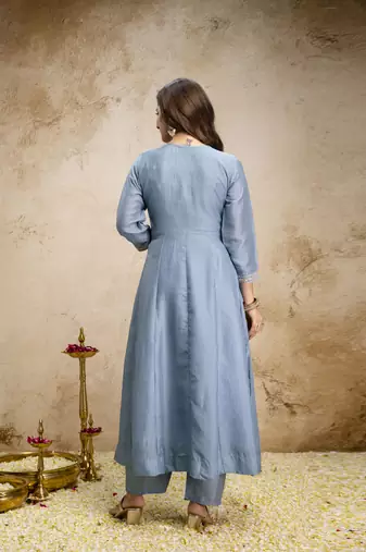 Sky blue vichitra silk embroidered anarkali kurta pant set with dupatta