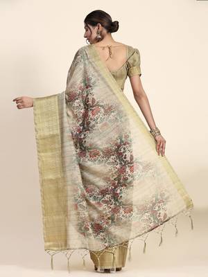 Green printed art silk traditional saree with blouse piece 2