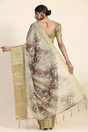Green printed art silk traditional saree with blouse piece