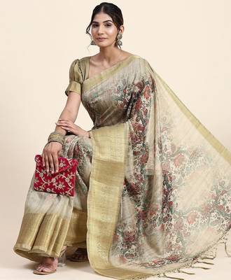 Green printed art silk traditional saree with blouse piece 3