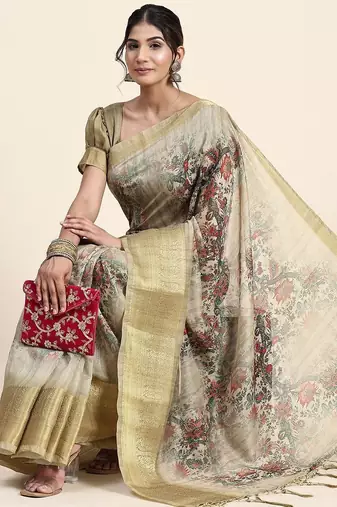 Green printed art silk traditional saree with blouse piece