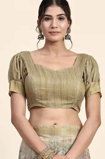 Green printed art silk traditional saree with blouse piece