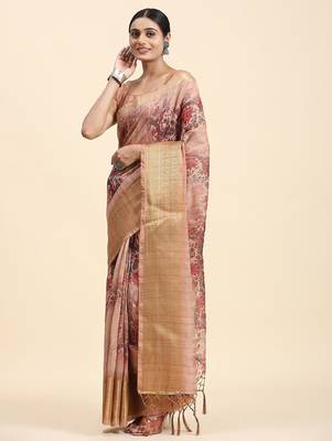 Beige printed linen casual saree with blouse piece 1