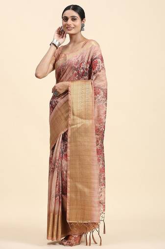 Beige printed linen casual saree with blouse piece