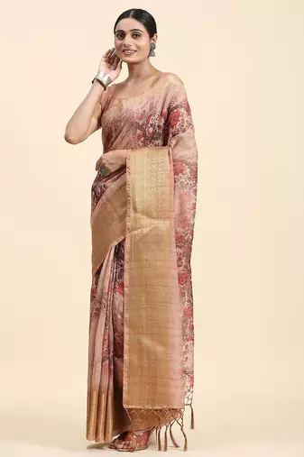 Beige printed linen casual saree with blouse piece