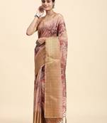 Beige printed linen casual saree with blouse piece